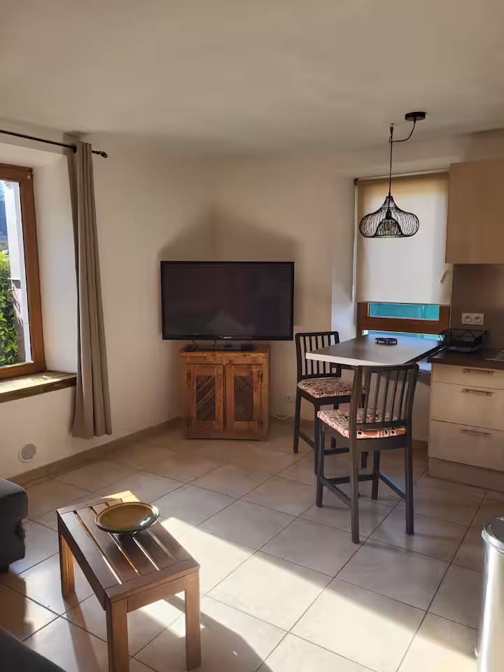 La pièce à vivre avec la télévision, la table et les chaises près des fenêtres
